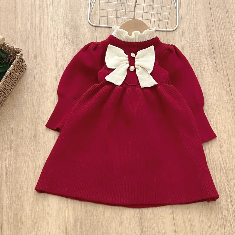 Sweater Girls Childrens Clothing Knitting New Bow Knot Fashion Baby Striped Long Sleeve Puff Sleeve Flower Collar