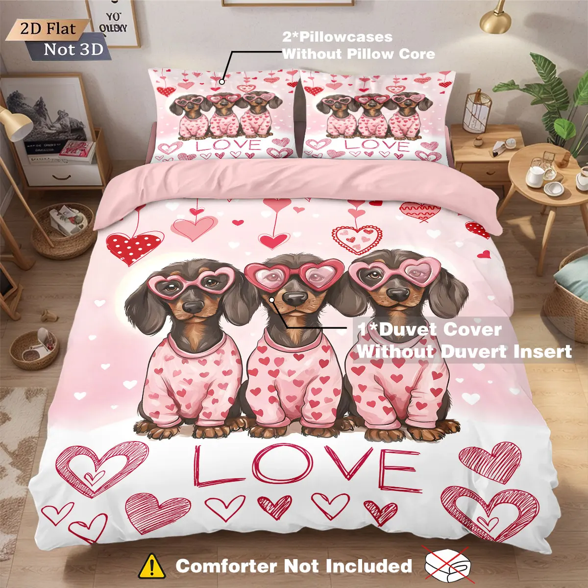 3pcs Valentine's Day Romantic Love Pink Sausage Dog Printed Chipless Quilt Set Multi Size Bedroom Bedding Festival Decoration