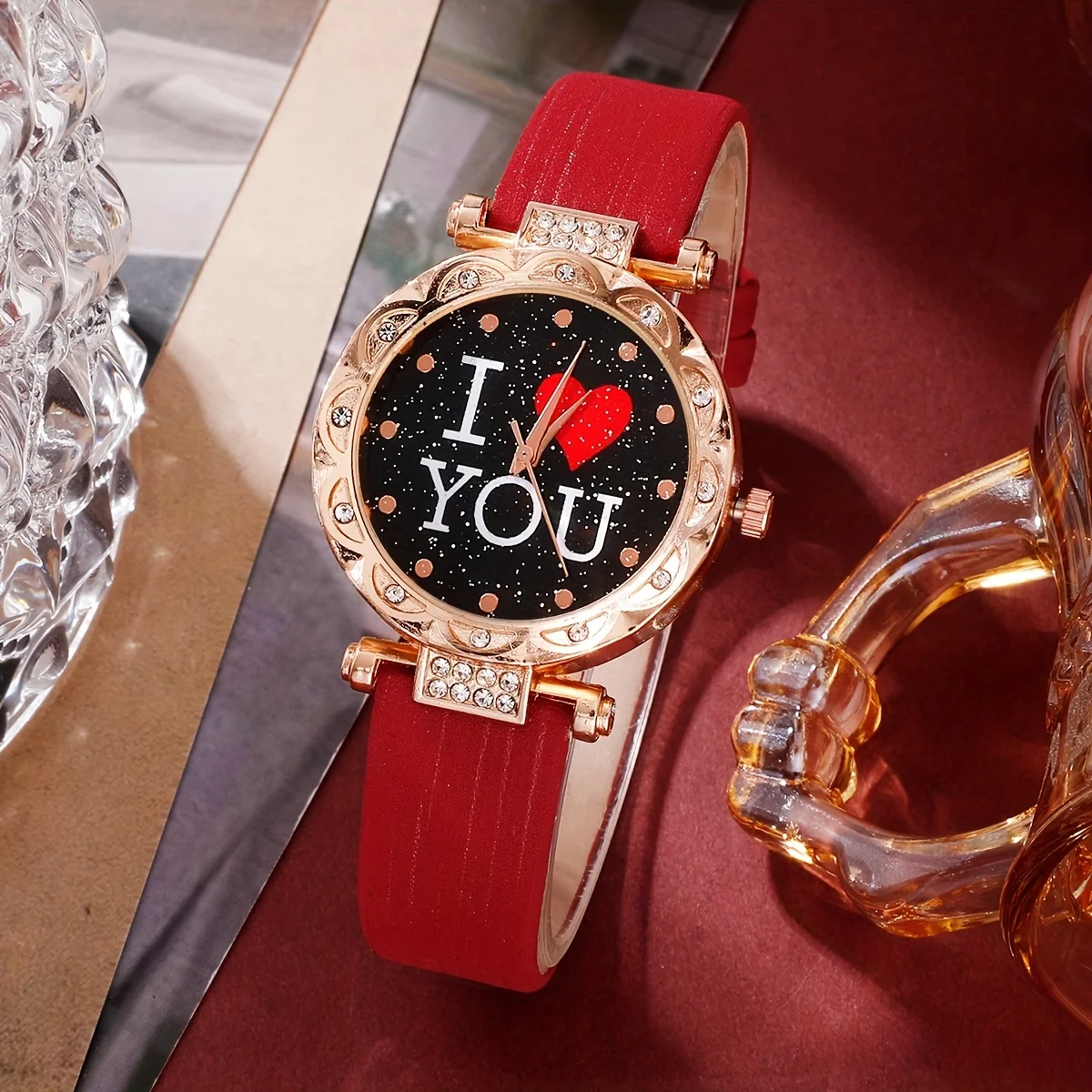 5pcs/set Glamorous Rhinestone Quartz Watch & I Love You Jewelry Set - Sentimental PU Leather Wristwatch for Mom,