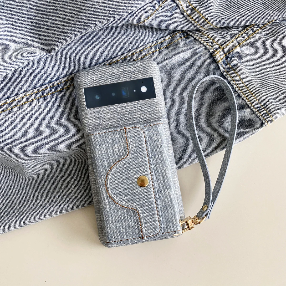 

Luxury Leather Case For Google Pixel 8 7 6 Pro 7a 6a Denim Pattern Lanyard mirror Wallet Cover