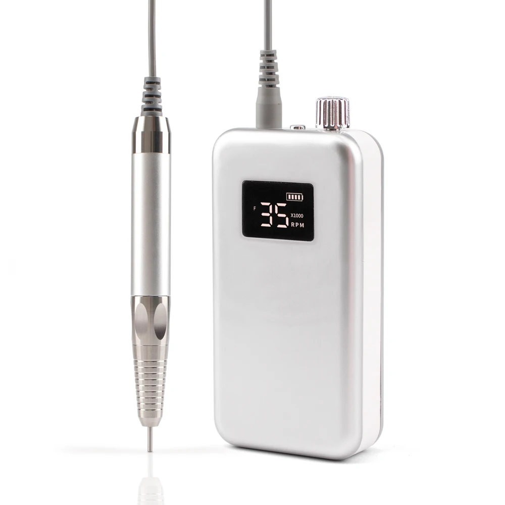 Silver Brushless Electric Nail Drill Pedicure Machine 35000rpm for Manicure Rechargeable Battery Small Screen with Base