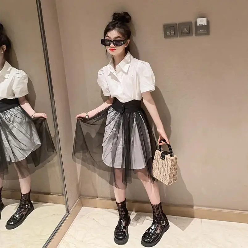 Girl Short Sleeve Shirts + Mesh Skirts 2pcs Sets Children Summer New Fashion Top Suits Teenage Clothes Sets 6-16Y Wz1180