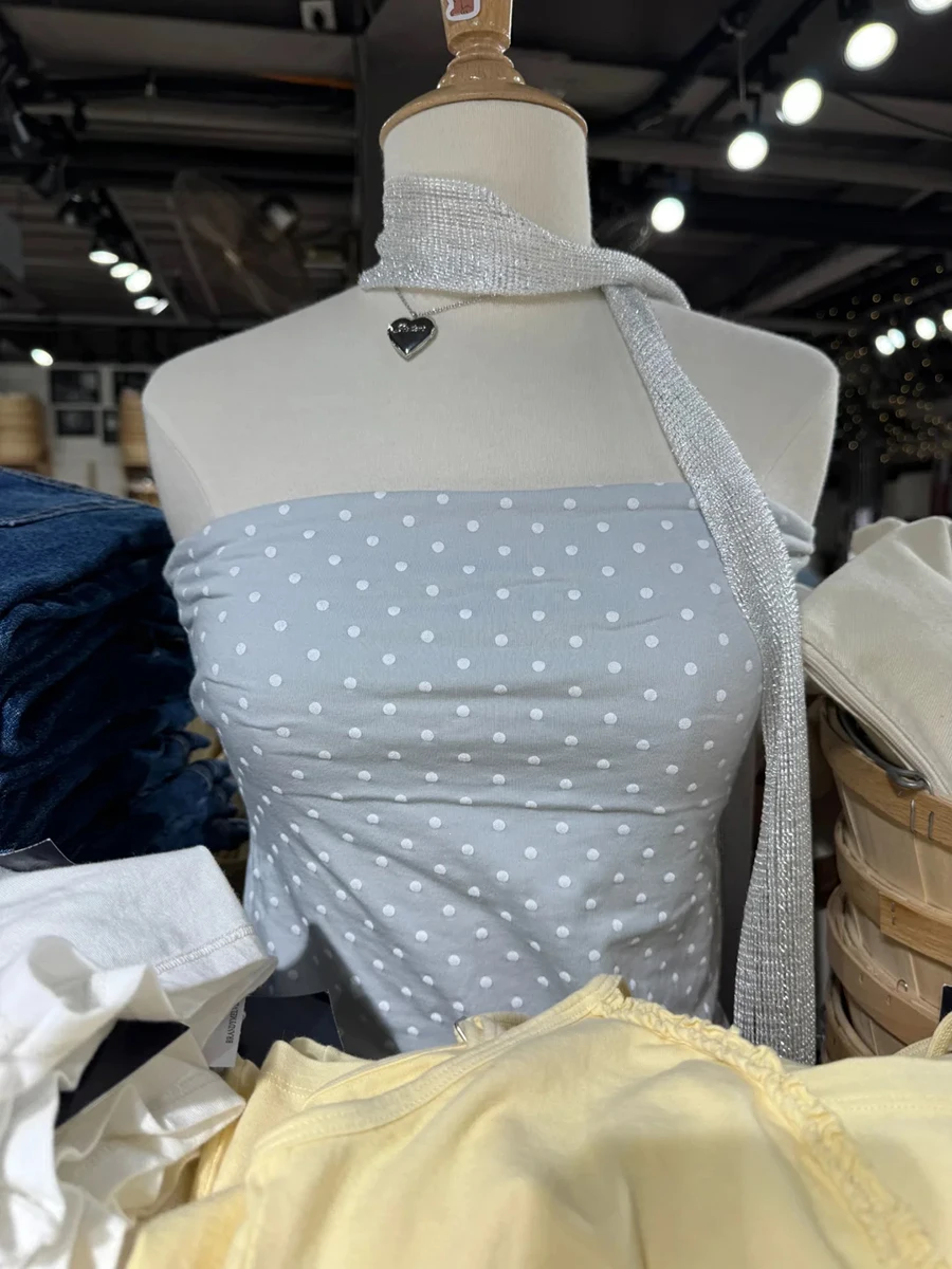 

Polka Dot Blue Strapless Tank Tops Summer Sexy Backless Cotton Slim Cropped Vests Women Casual Sweet Sleeveless Crop Top Y2k