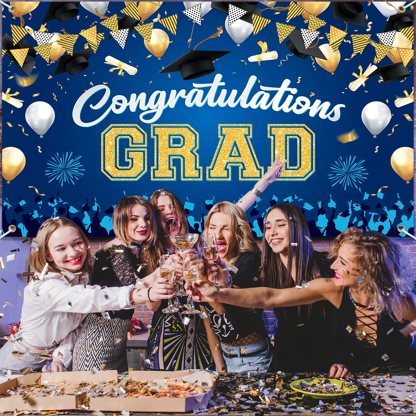 Congrats Grad Banner Backdrop Decor Set for Graduation Party Supplies Black and Gold Graduation Banner