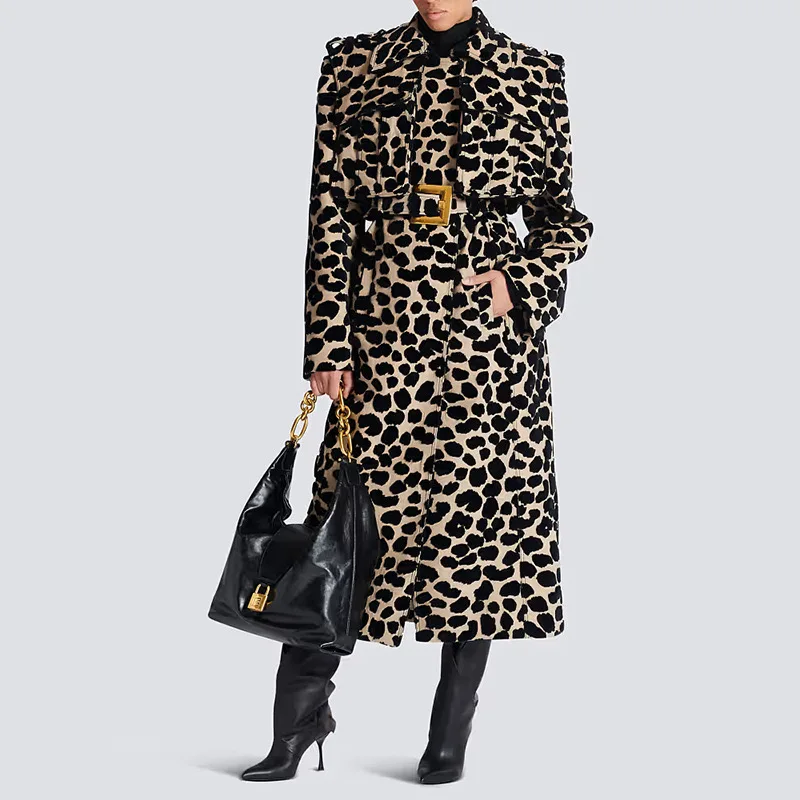 

High Street 2025 Autumn/Winter Newest Style European and American Star British Style Belt Leopard Jacquard Long Windbreaker Coat