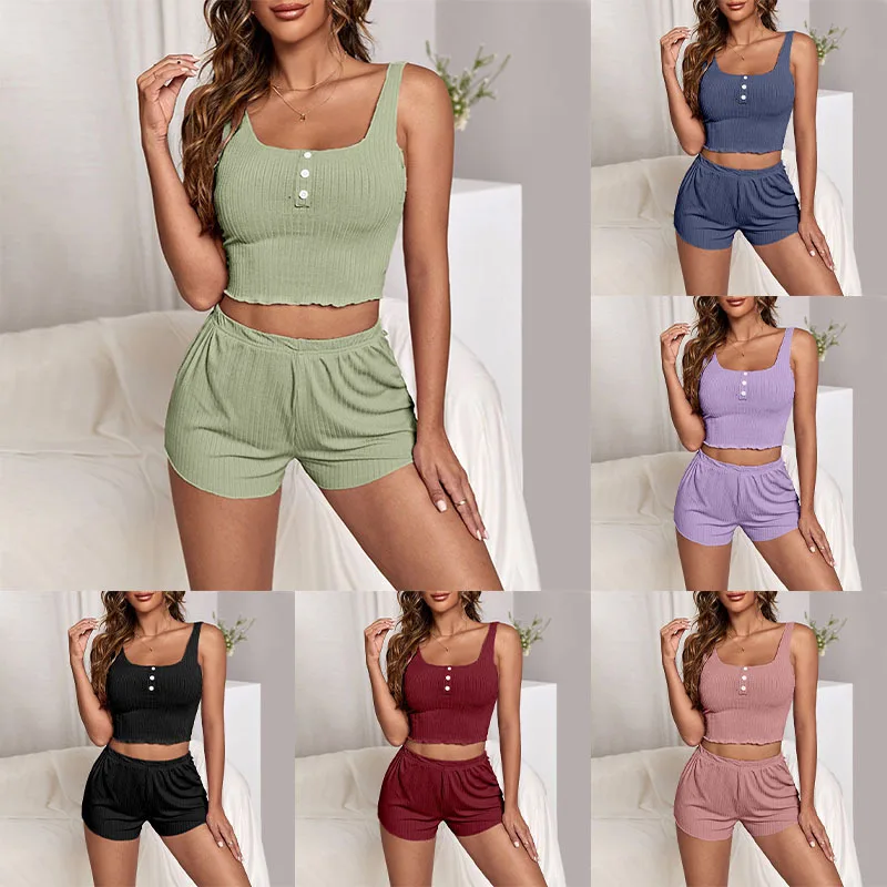 Women 2 Pieces Set Pajama Shorts Suit Button Ribbed Underwear Sexy Lingerie Camisoles Tanks Nighty Ladies Loungewear Homewear