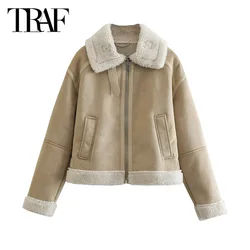 TRAF Fleece Cropped Jacket Outerwear Women 2024 Autumn Winter Elegant Khaki Short Jacket Fashion Casual Long Sleeve Plush Coat