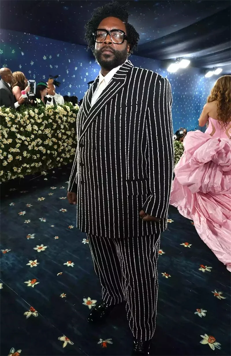 

Black Men Suits 2 Piece Blazer+Pant Luxury Beaded Business Prom Wedding Tuxedo Coat Customized Formal Office Jacket Trousers