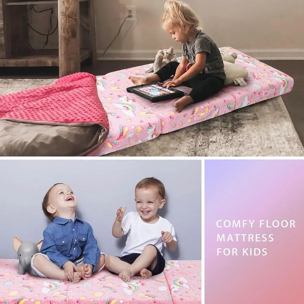휴대용 핑크 유니콘 접이식 매트리스, 유아 낮잠 매트, 데이케어 수면용 푸톤, 57x22 인치
