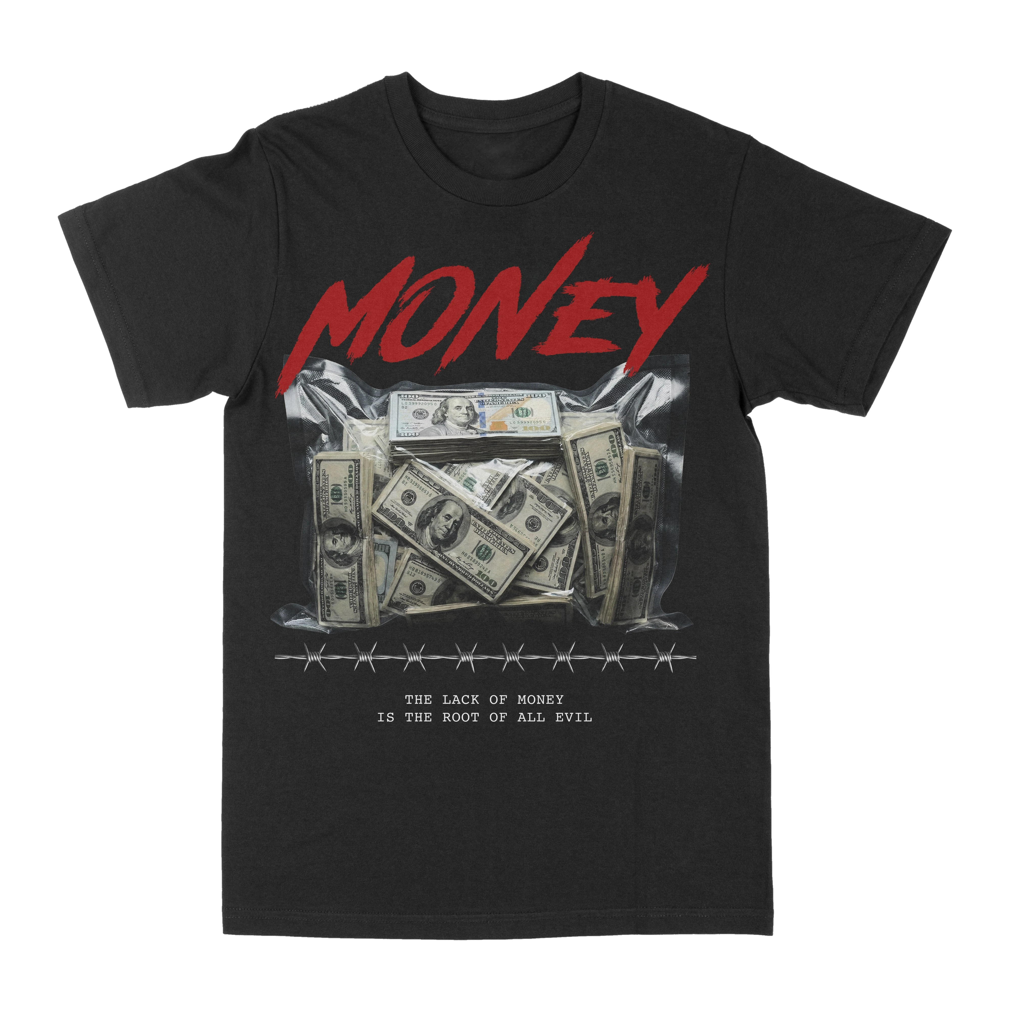Shortage of funds. Trendy streetwear brand T-shirt with millennium-themed patterns. Men's and women's summer streetwear.