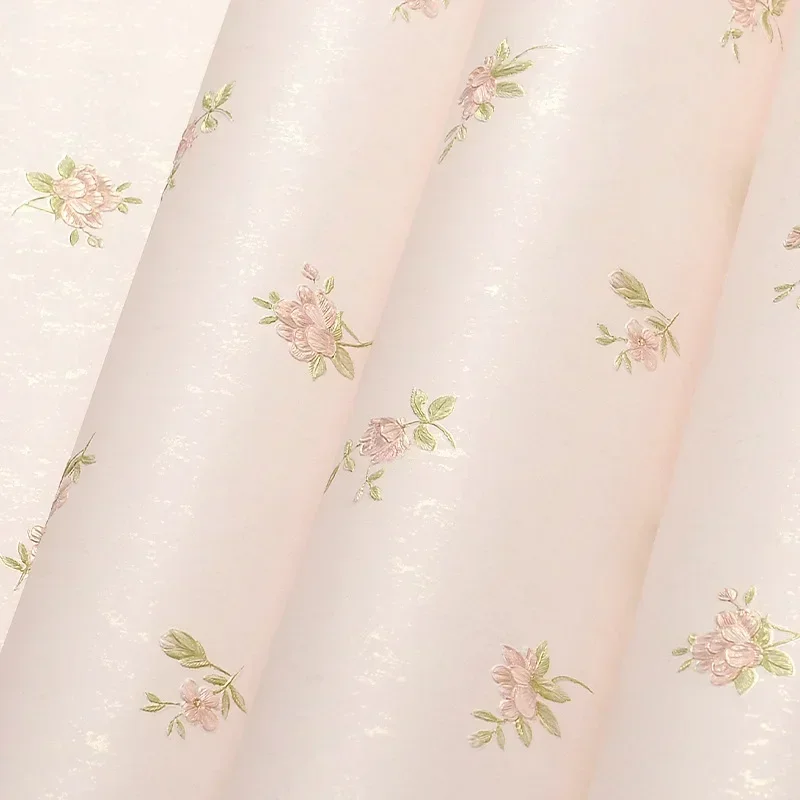 Non-Woven Modern Pastoral Fine-Pressed Wallpaper Pink Floral Bedroom Living Room Wallpaper Environmental Protection Deep Embosse