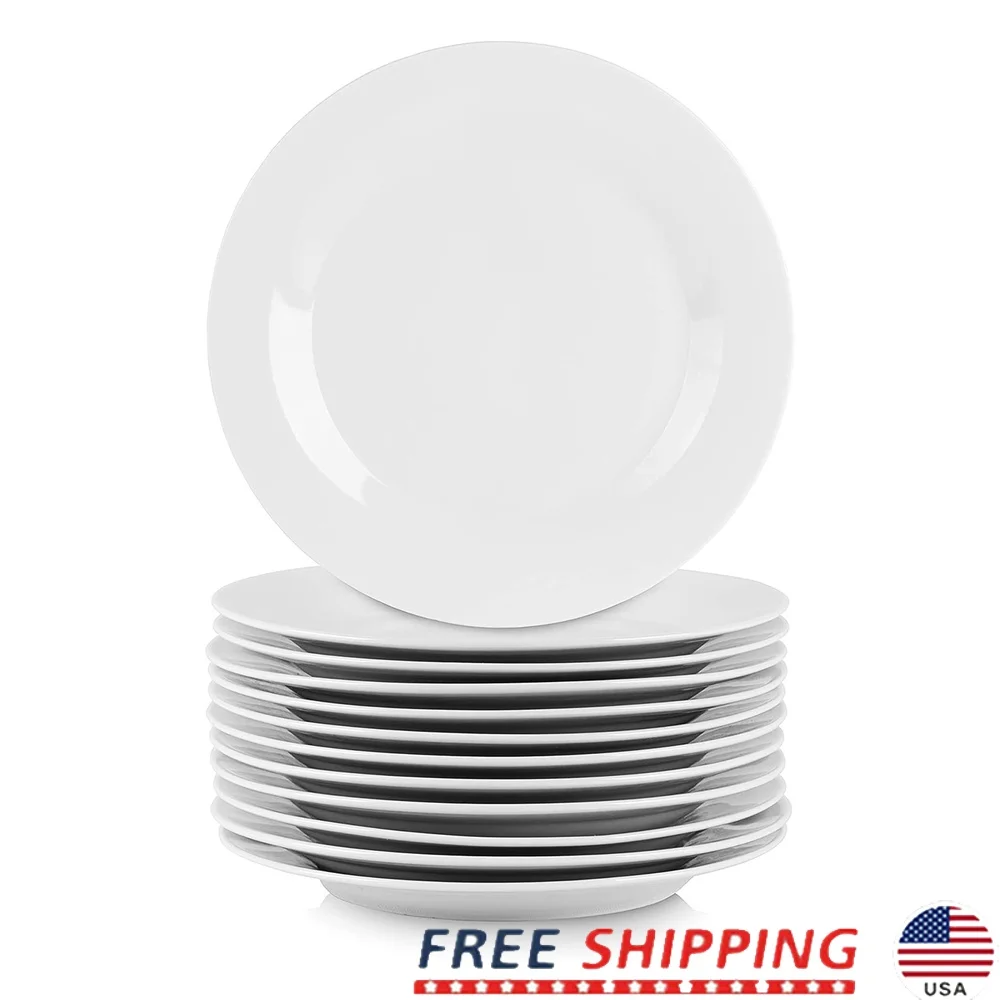 

12 Piece Porcelain Round Dinner Plate Set Microwave Dishwasher Oven Safe Durable White Dinnerware Family Gatherings and Casual