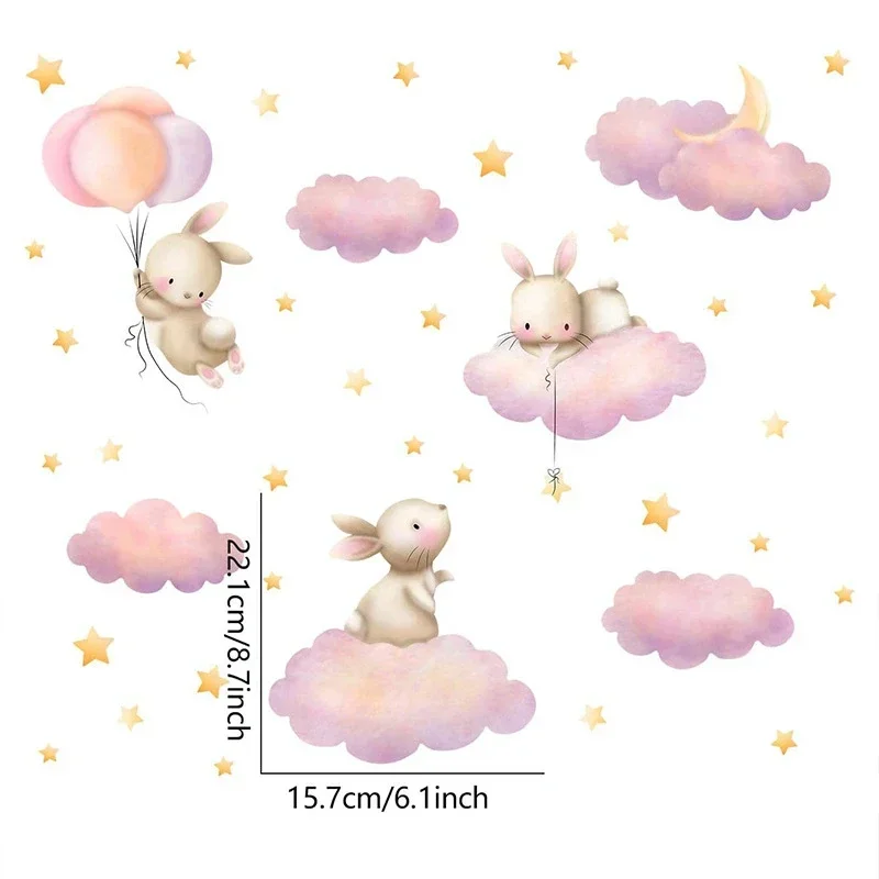 Kawaii Cartoon Bunny Pink Clouds Stars Watercolor Children Stickers Vinyl Nursery Wall Decals Kids Girls Baby Room Home Decor