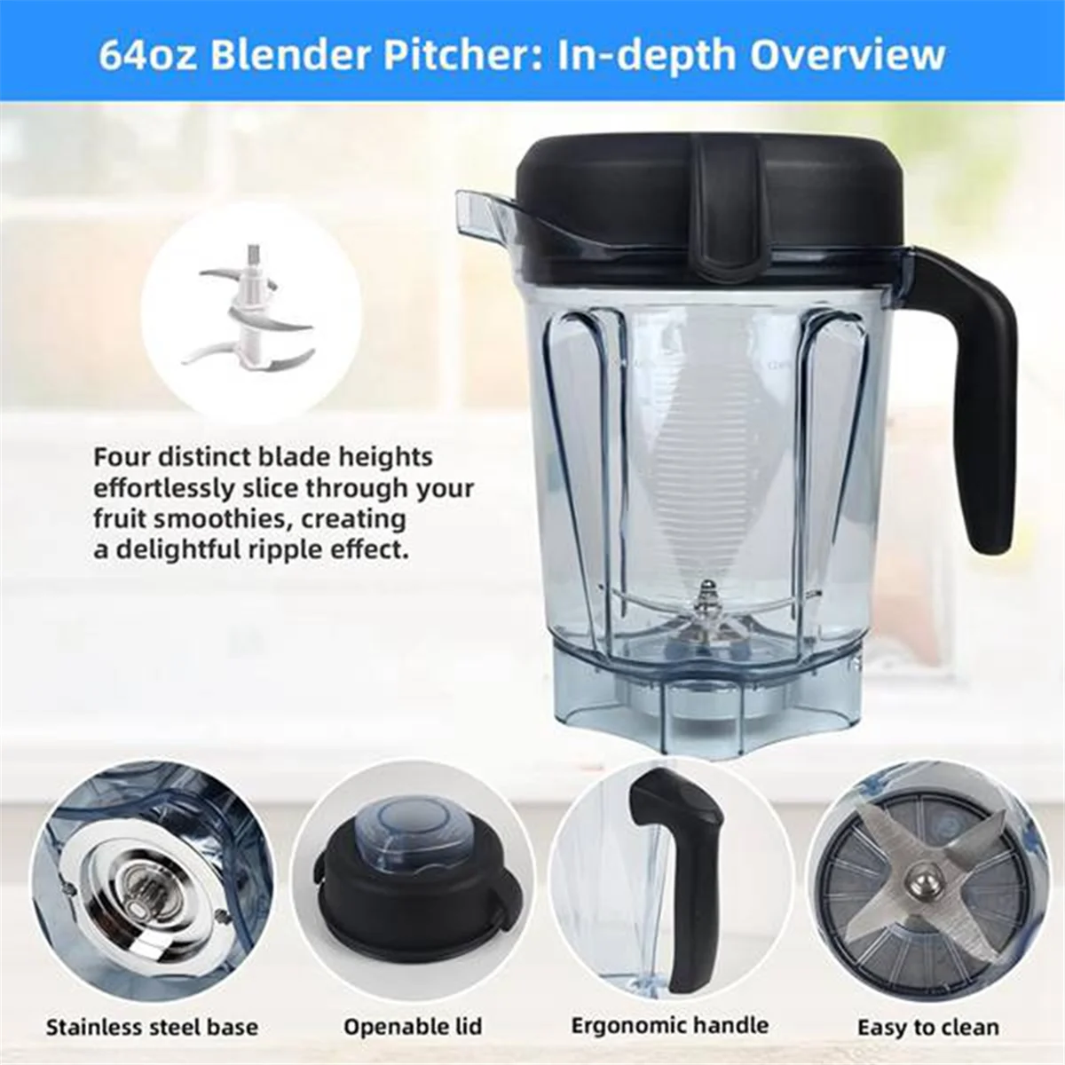 HOT Blender Pitcher 64oz Low-Profile with Tamper,for Vitamix 750 5200 5000 6300 7500 Vm0102 Vm0103 Classic/Commercial Etc