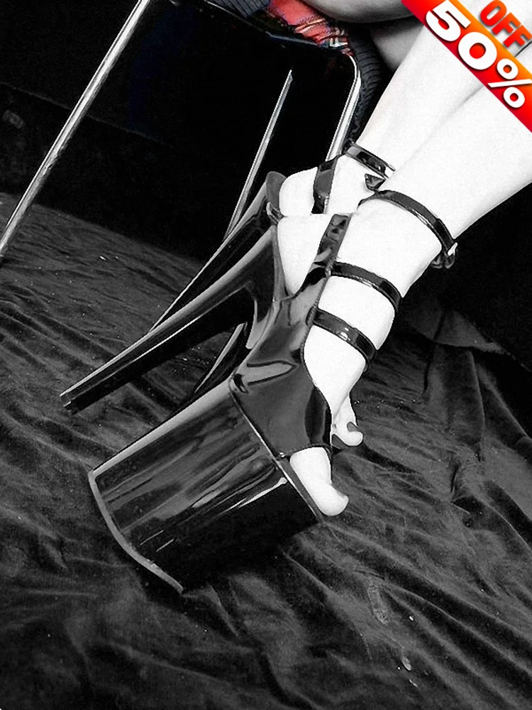 17cm Black Patent Leather Baking Paint Open Toe 8 Inch Sexy Party Models Stage Show Punk 20CM Props Fetish Stripper Heels Mature