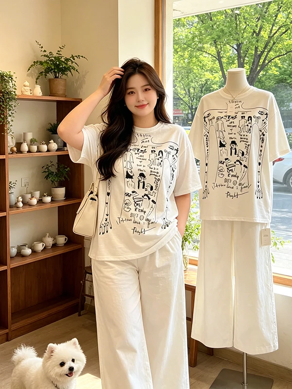 

plus Size Summer Women's Fashion Set Loose Sleeveless Printed See-through Casual Trousers Two-piece Trendy Women's Outfit