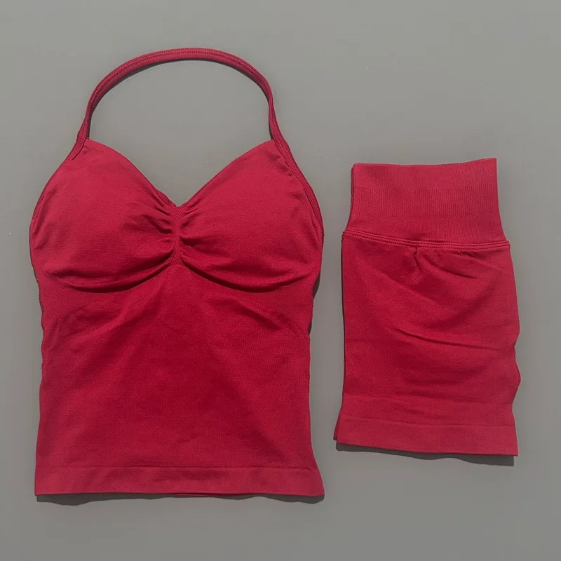 2-delige Histello sportset dames lange top met bandjes naadloze yoga tank scrunch butt workout shorts pak gym sportsets