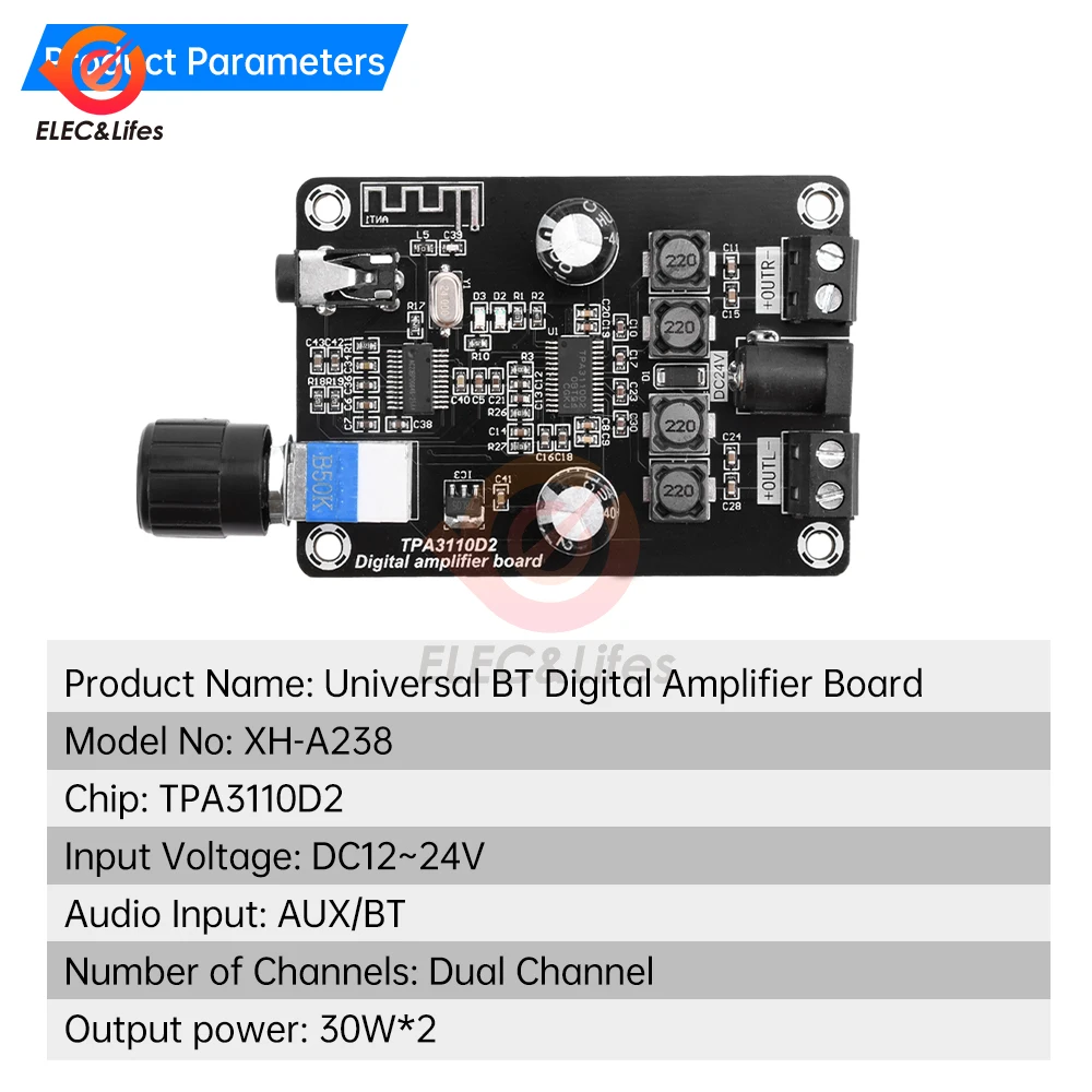 TPA3110D2 BT5.0 30Wx2 Dual Channel Digital Audio Power Amplifier Board XH-A238 Audio Amp Module DC12-24V