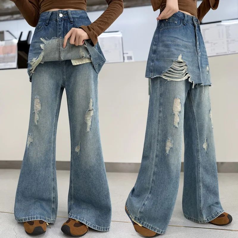 New Design Children Skirt Jeans For Girls High Fashion Streetwear Ripped Denim Flare Pants Kids Trendy Curtain Trousers 4-14Year