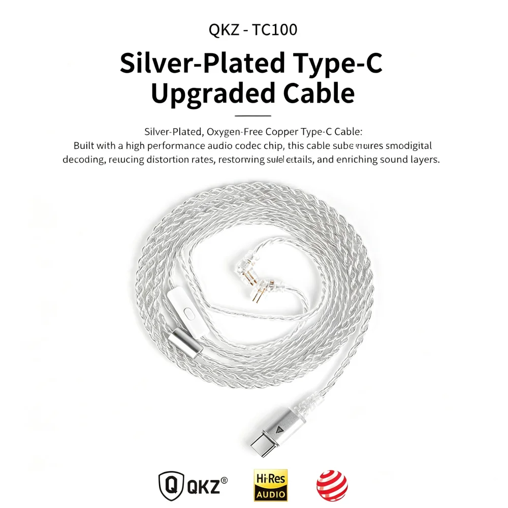 QKZ TC 100 QKZ TC100 Earphone Cable Type-C 2PIN 0.75mm Wired Headphones Replacement Upgraded Wire For KZ Earphones QKZ Headsets