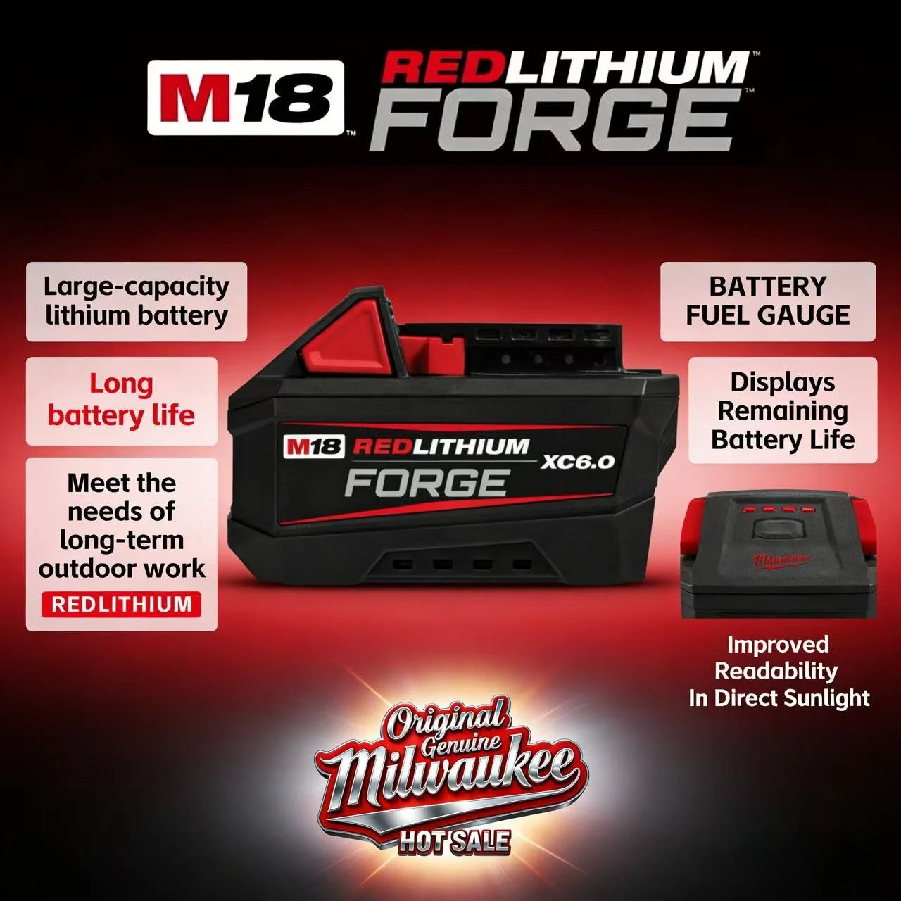 

Origina Milwaukee The M18 REDLITHIUM FORGE XC6.0 The Most Powerful Battery Pack, Fastest-charging Compatible with 300+ M18 Tools
