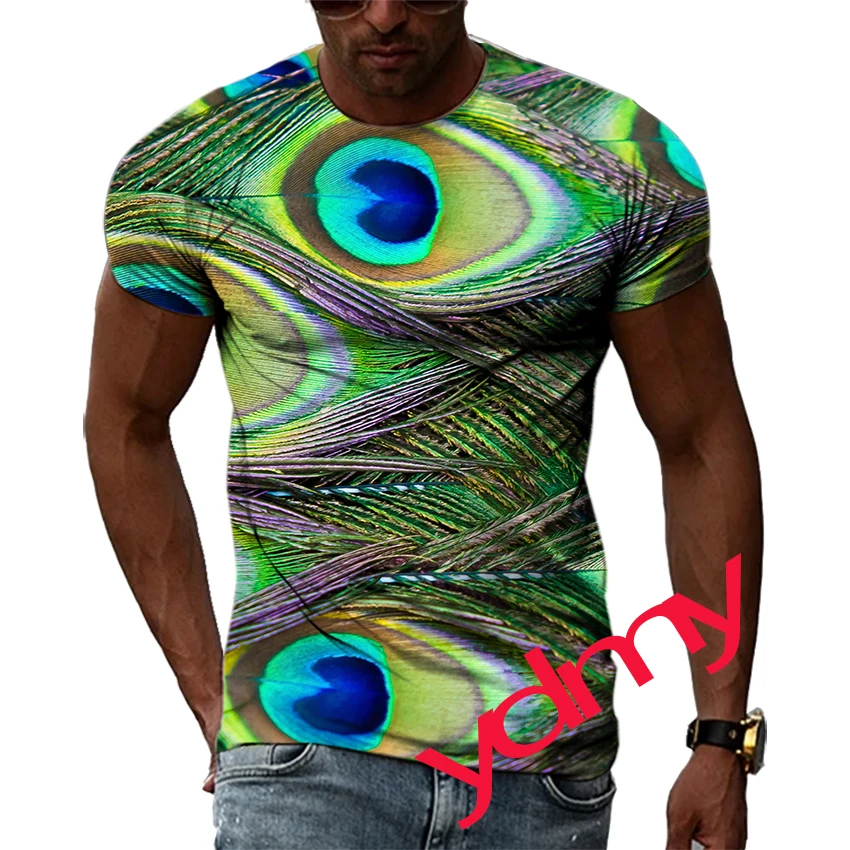 Tide Fashion Summer Peacock Feather Picture Men's T-shirt Casual Print Tees Hip Hop Personality Round Neck Short Sleev Tops