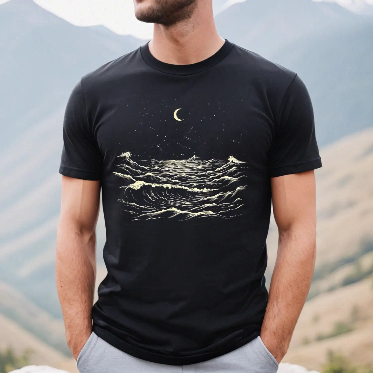 Ocean Waves Landscape Night Sky Stargaze Nature Camping Whimsical Shirt Minimalist Linocut Style Crescent Moon Sea