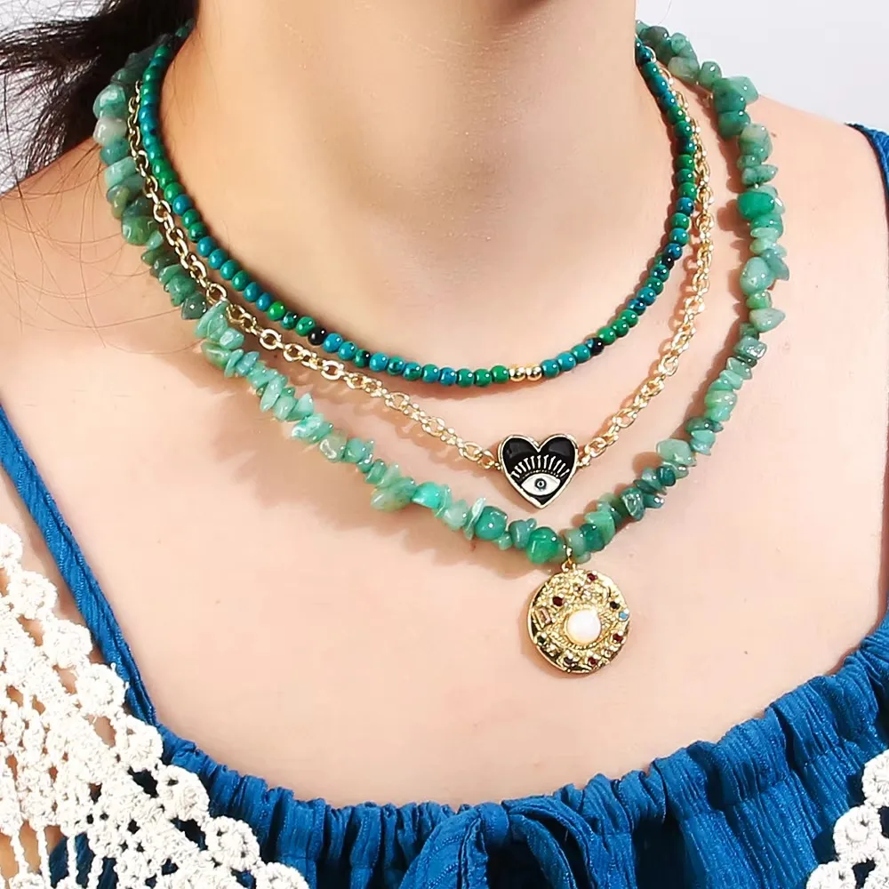 Bohemian Women Beach Ocean Vacation Jewelry Multilayer Natural Stone Shell Chain Necklace Glazed Heart CZ Star Pendant Necklace