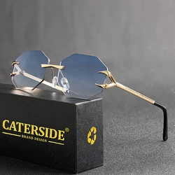 CATERSIDE Retro Rimless Sunglasses for Men Punk Polygon Metal Temple Gradient Lens Sun Glasses Women Travel Party Festival Gifts
