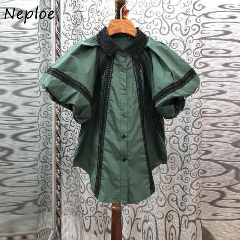 Neploe Fashion Vintage Lapel Neck Hollow Out Blouses 2024 Summer New Shirts Women Y2k Lace Puff Sleeve Loose Blusas Mujer