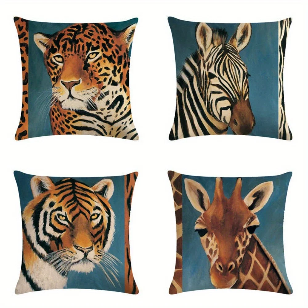 4pcs Tiger and zebra patterns Single-sided printing Short plush Suitable living rooms bedrooms sofas (excluding pillow cores)