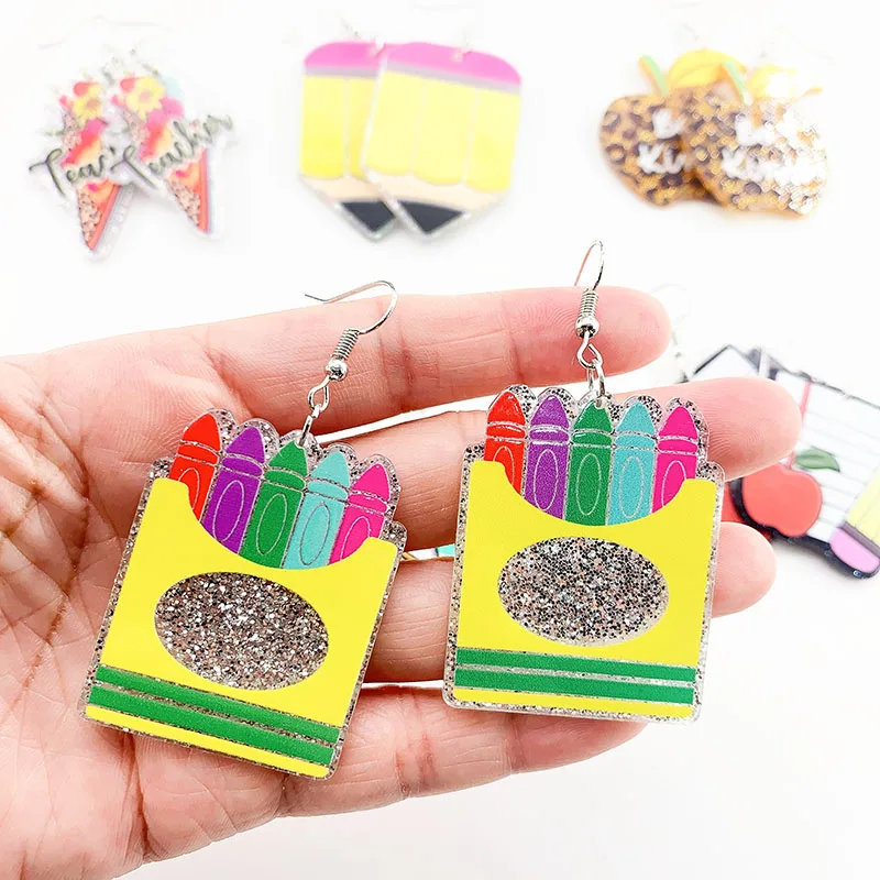 1Pair Glitter Acrylic Pencil Apple Crayon Class Be Kind Drop Earrings For Women Flat Back Epoxy Teacher Charm Ear Rings Jewelry