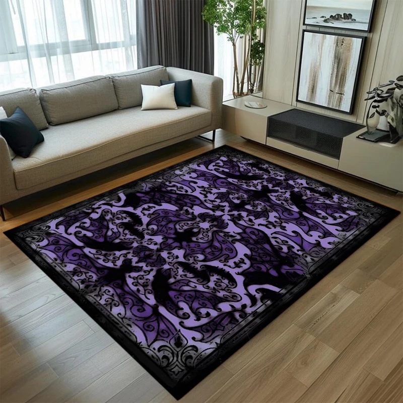 Gothic Bat Area Rug Victorian Skull Damask Floral Pattern Decorative Floor Mat for Living Room Bedroom Halloween Home Decor
