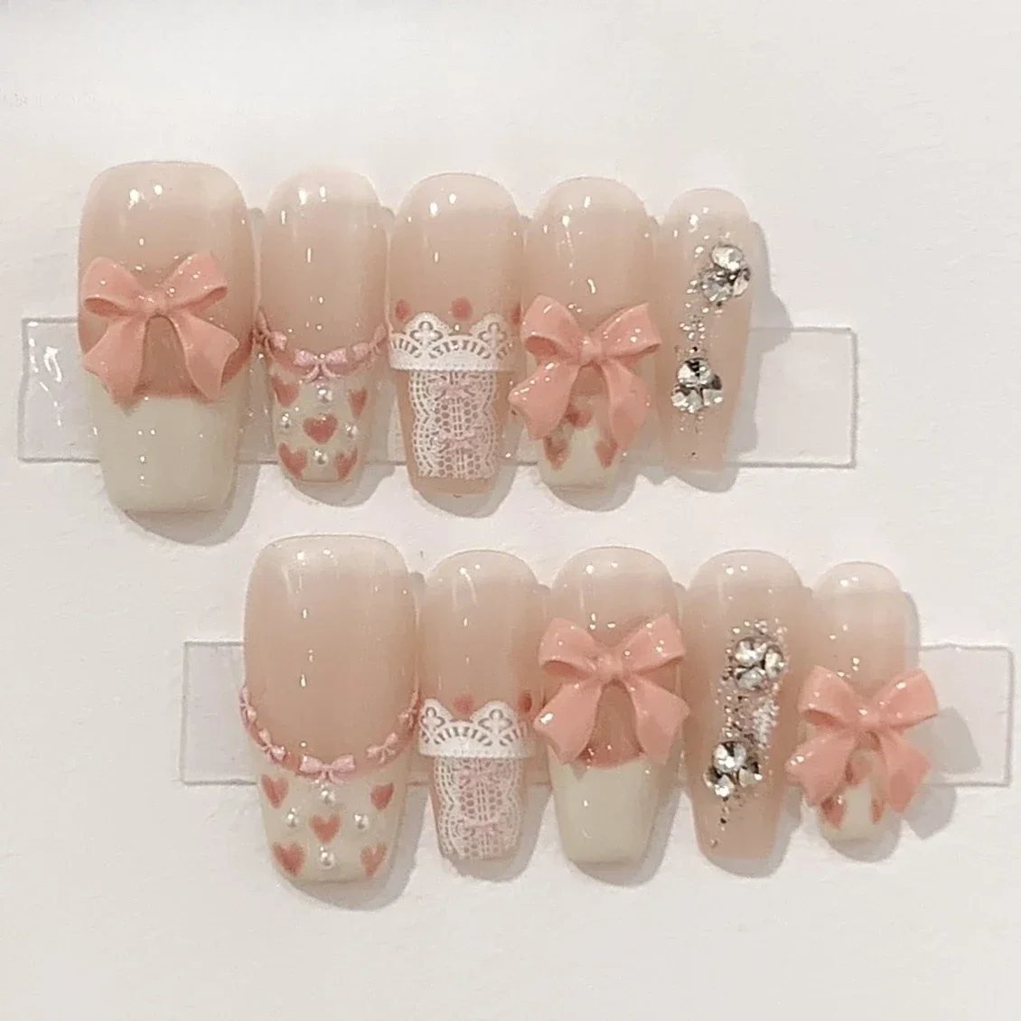 

10Pcs Handmade Pink Sweet Pearl Cat Eye French 3D Bow Tie Fake Nail Rhinestone Ice Cream Design Wearable Manicure Press on Nails
