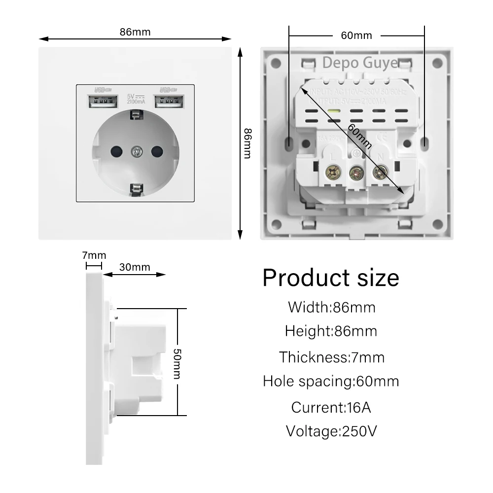 EU Standard Double USB Wall Power Socket,Electrical Socket Wall Plug with Type-c Usb Fast Charing Port 16A PC Panel Outlet 220V
