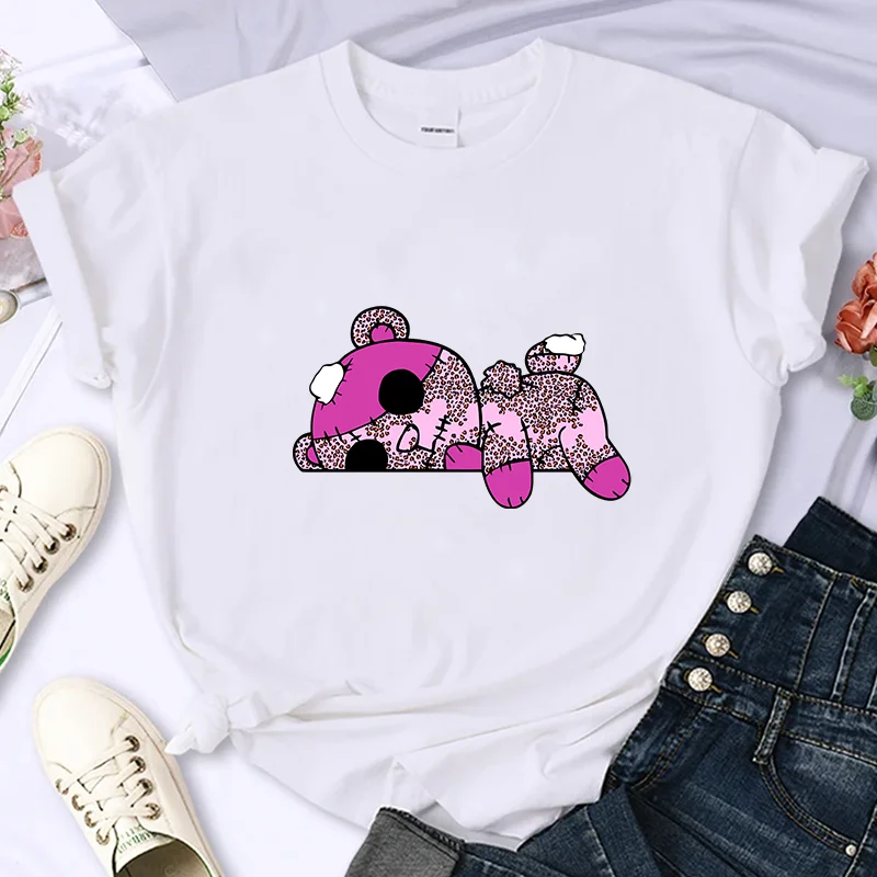 

New For Women's Luxury Brand High-Quality Summer Bear Print T-shirt 100% Cotton Casual Oversized Y2k Personality Sleeve O-neck