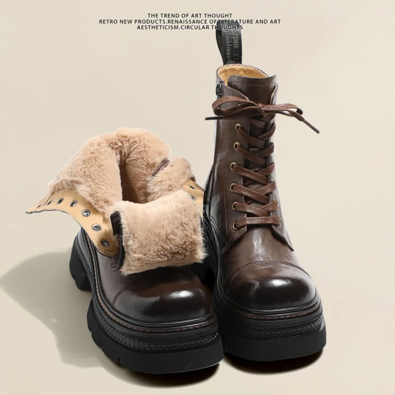 

2025 Winter Women's Boots Warm Plush 7CM Height Increasing Platform Women Outdoor Snow Boots Waterproof Brown Short Boots