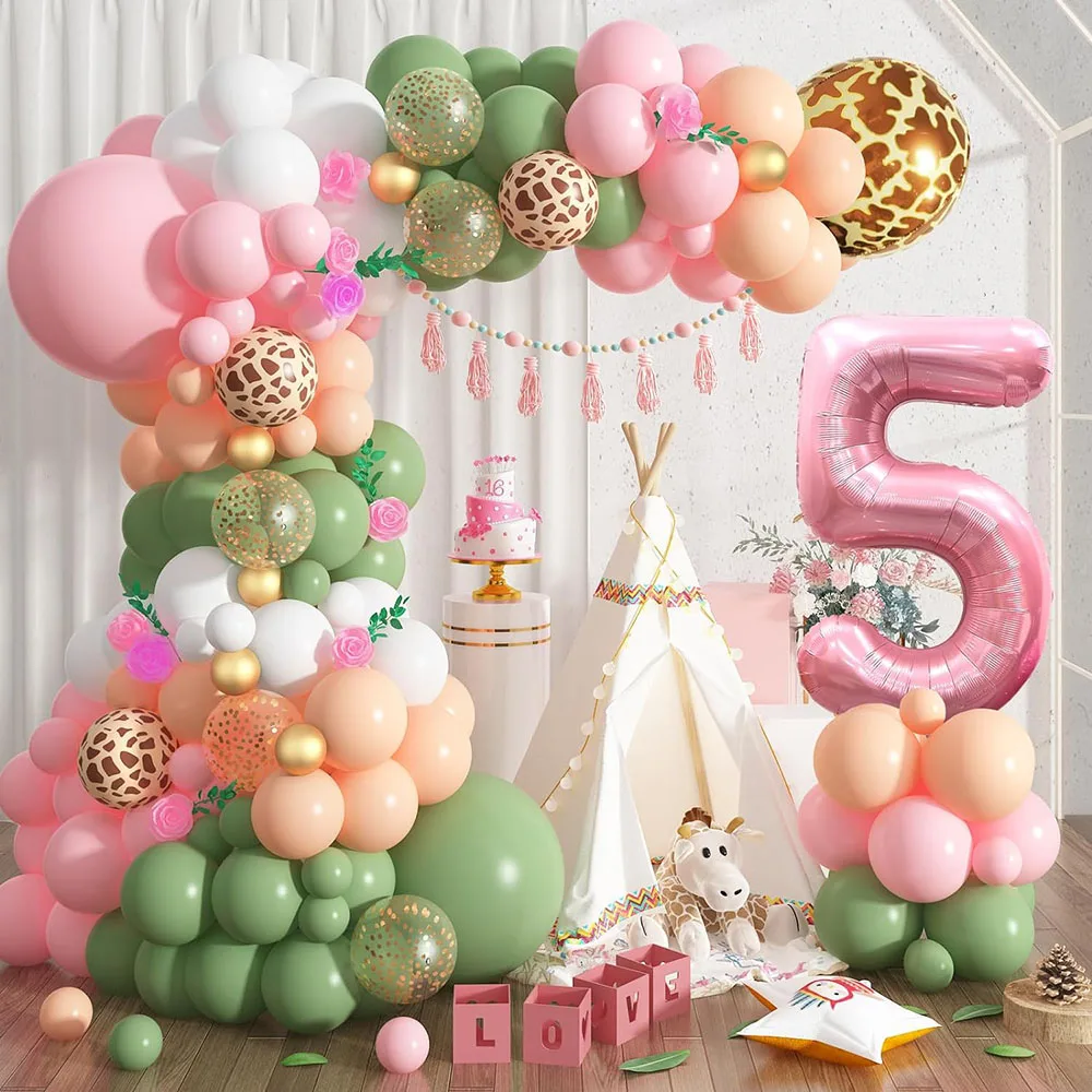 1St Jungle Safari Birthday Party Decoration, Pink Sage Green 1St Jungle Hunting Balloon Garland Arch Kit with Numbers 1 Aluminum Foil Balloon,