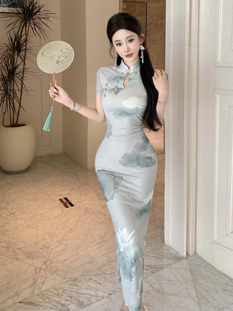 

Ele Ретро китайский принт Qipao Dr Sexy Slim Fit ort Sve длинная юбка с воротником-стойкой на пуговицах и дизайном на талии