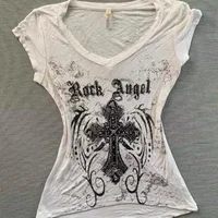 American vintage distressed printed T-shirt, Harajuku style slim short-sleeve T-shirt, punk high street trendy women's top - Image 2