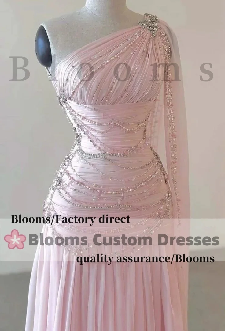Customized Pink One-Shoulder Pleat Prom Dresses with Shiny Beaded Cape Luxury Evening Dress Formal Party Gown