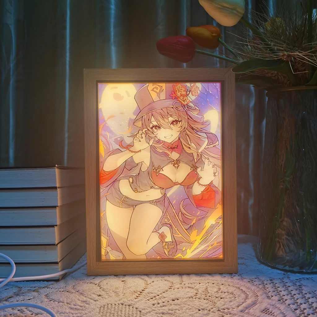 Anime Led Photo Frame Lamp Genshin Impact Hu Tao Yoimiya Art Painting Design Night Light Valorant Omen Home Decor Kid Room Gift