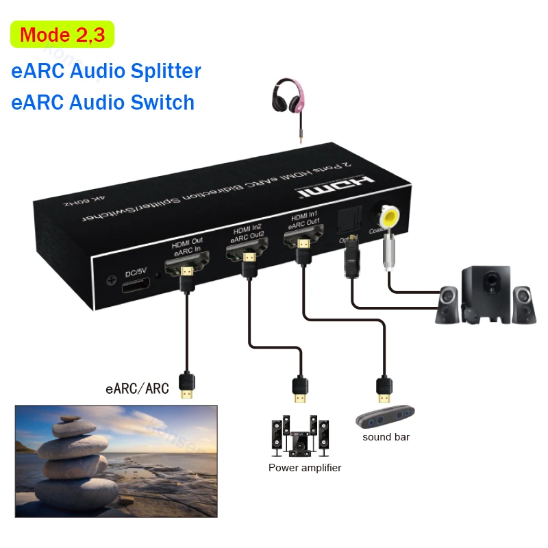 4K 60Hz 7.1CH HDMI eARC Audio Extractor Bi-direction HDMI Audio Switch Splitter 1x2 2x1 with Toslink SPDIF+COAXIAL+Aux Audio out