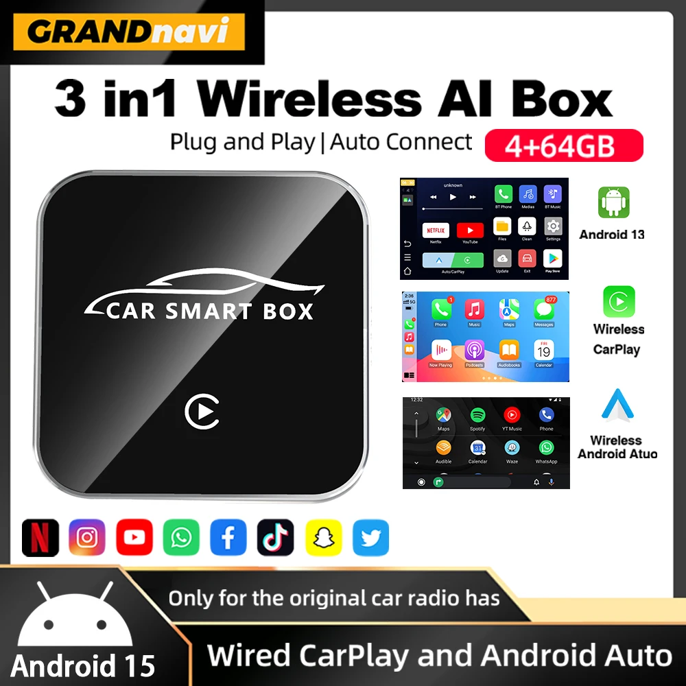 4G 64G Android 15 3in1 CarPlay Ai Box Wireless Android Auto USB Adapter For Youtube Netflix Automatic Connection