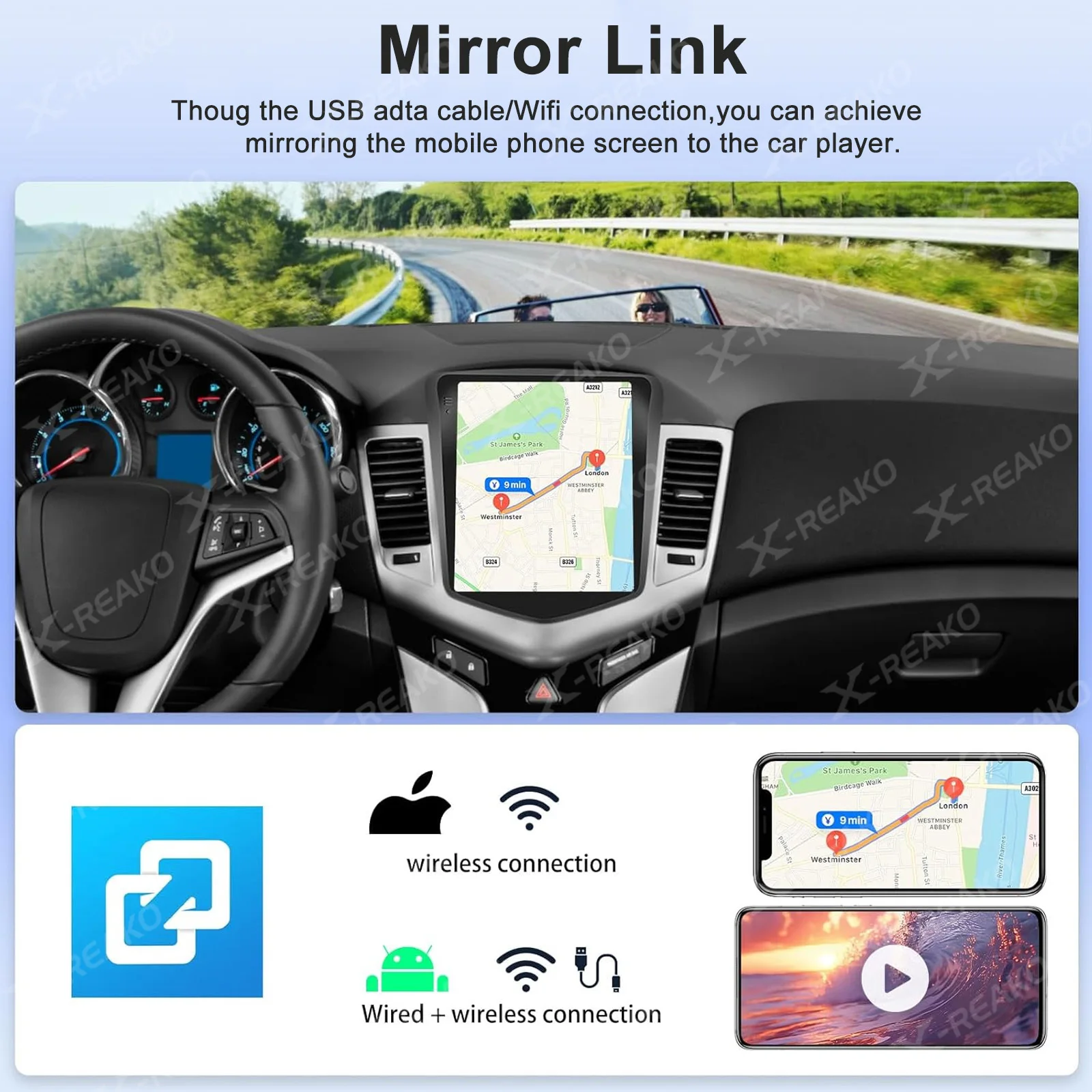 X-REAKO 9.7 بوصة أندرويد 12 Carplay Auto 4Core DSP لشروليه كروز 2008-2014 راديو السيارة الوسائط المتعددة مشغل فيديو Navigaion 2Din