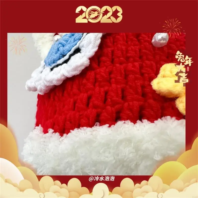 

P88B Rabbit Earflap Hat Chinese NewYear Hat Red Rabbit Hat Knit Earflap Beanie