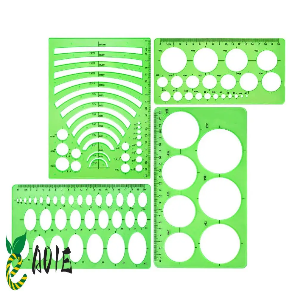 4 Buah Templat Penggaris Plastik Templat Gambar Radius Lingkaran Oval untuk Perlengkapan Kantor dan Sekolah Hijau Bersih