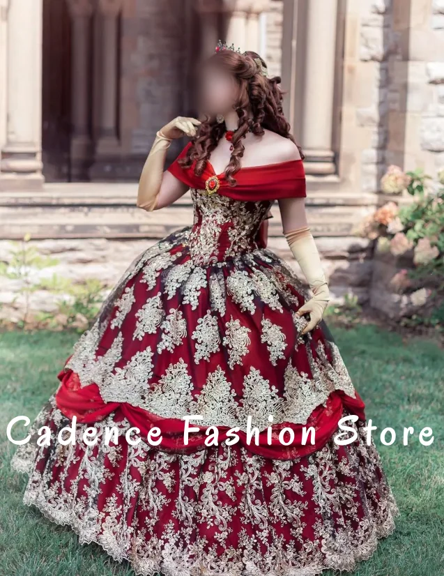 Red Snap Shoulder Victorian Evening Gown Gorgeous Gold Lace Trimmed A-line Pleated Floor Length Ball Gown Customized