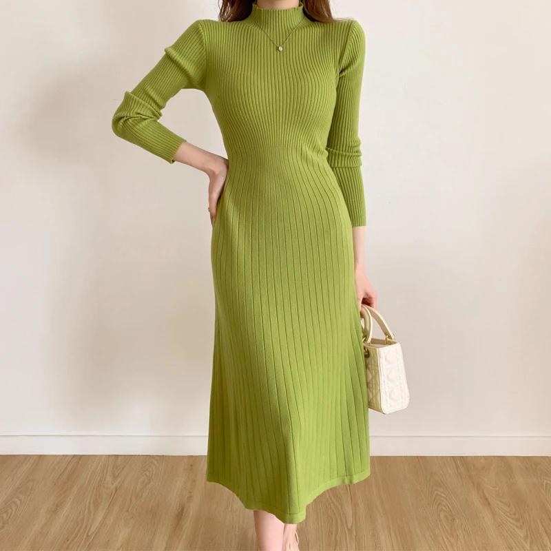 Autumn Winter 2024 Slim Long Sleeve Party Midi Dress for Women Knitted Half High Collar Elegant Knitted Sweater Dresses Ladies