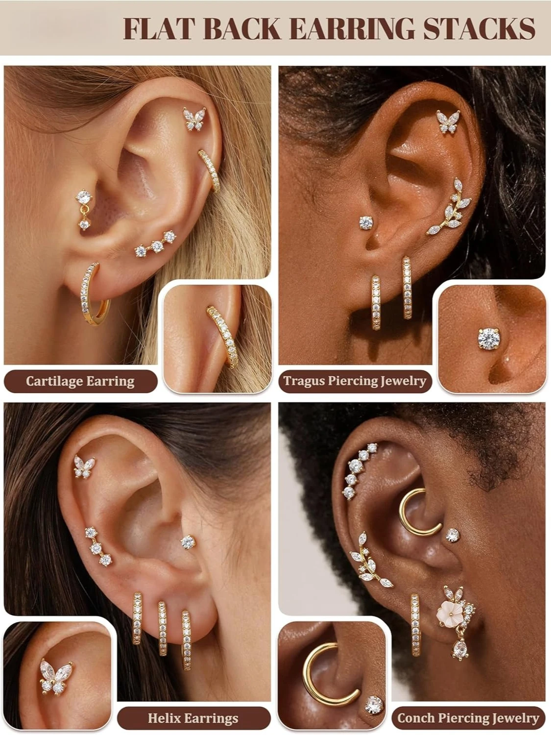 Drperfect Helix Piercing Jewelry Cartilage Earrings for Women Flat Back Surgical Steel Earring Stacks Studs Hoop Earring Single